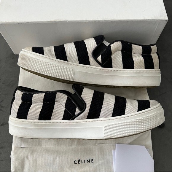 Celine Black/White Striped Canvas Slip On Sneakers - Picture 5 of 16